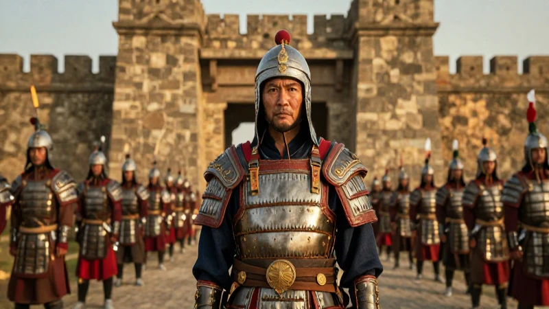 Guerreros ancestrales en fortificación al atardecer