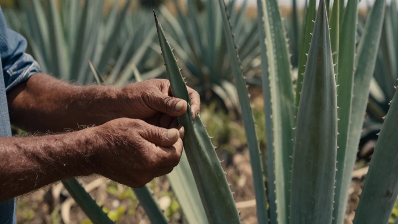 Espinas de maguey y manos de trabajador en campo