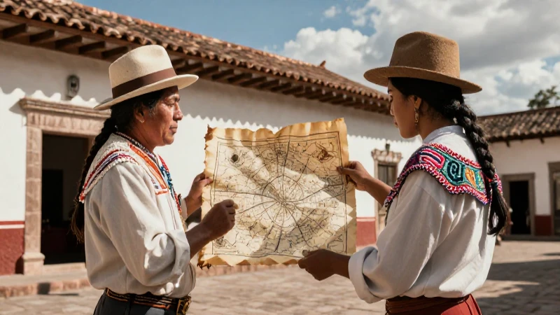 Cartógrafo colonial examina mapa antiguo en México