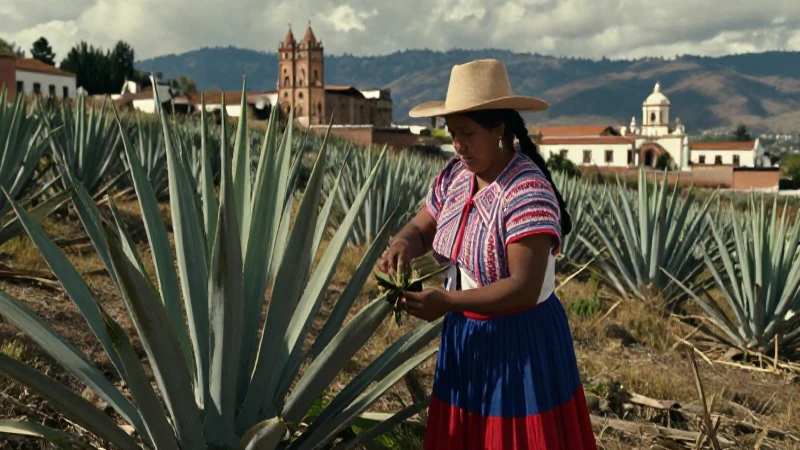 Mujer indígena cosecha agave en paisaje histórico