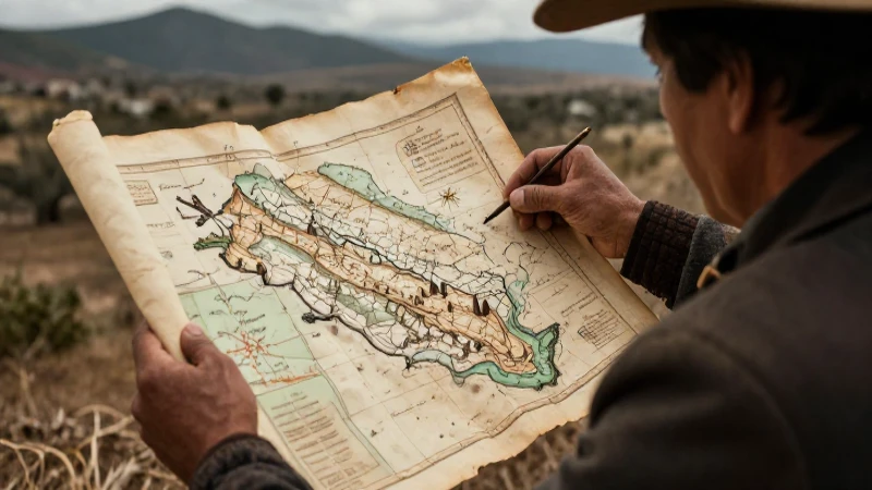 Cartógrafo indígena examina mapa antiguo en el paisaje mexicano