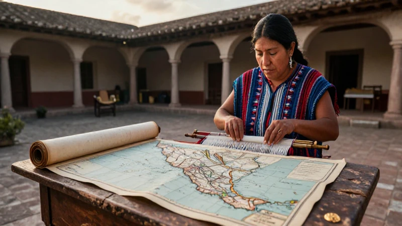 Tejido artesanal colonial con mapa histórico