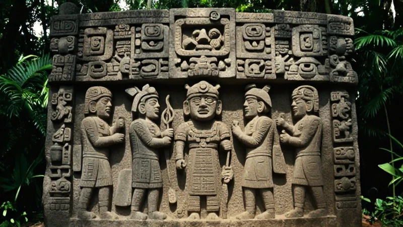 Sacerdotes Olmec observando estela en selva