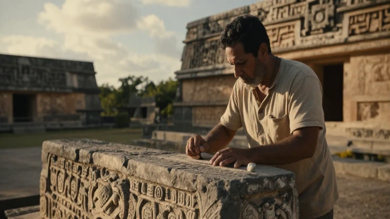 Escultor mesoamericano trabaja en antigua estela