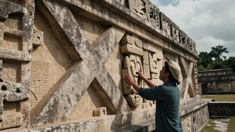 Arqueólogo examina una estela masiva en Xochicalco