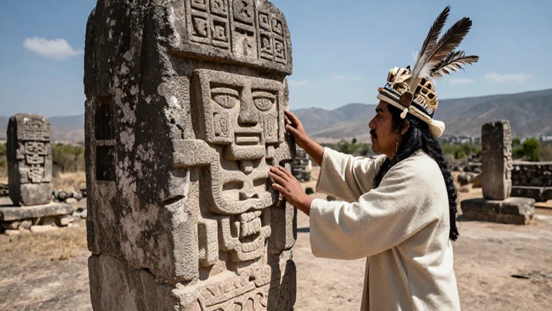 Sacerdote observa estelas antiguas bajo el sol árido
