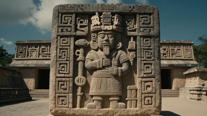 Sacerdote y estela en ruinas de Xochicalco