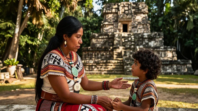 Cuál es la estructura social y tradiciones de la familia Maya 26 Madre maya y niños en templo antiguo