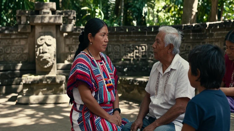 Cuál es la estructura social y tradiciones de la familia Maya 29 Mujer maya y anciano en ceremonial patio ancestral
