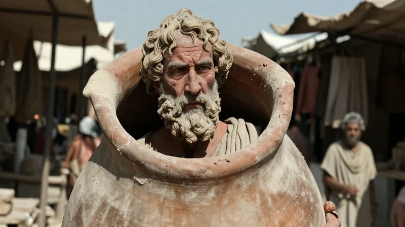 Cuál es la filosofía de Diógenes y su desafío a las normas 5 Diogenes en el mercado ateniense con luz dramática