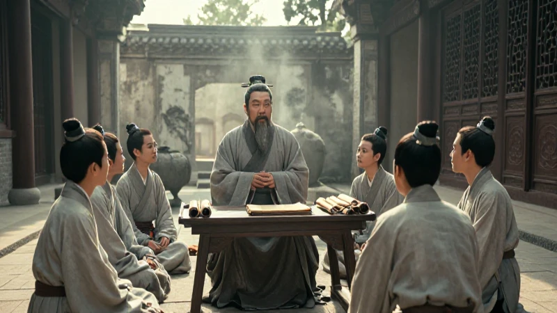 Quién fue Confucio y cuál es su legado en el confucianismo 49 Confucio enseña a jóvenes en un patio clásico chino