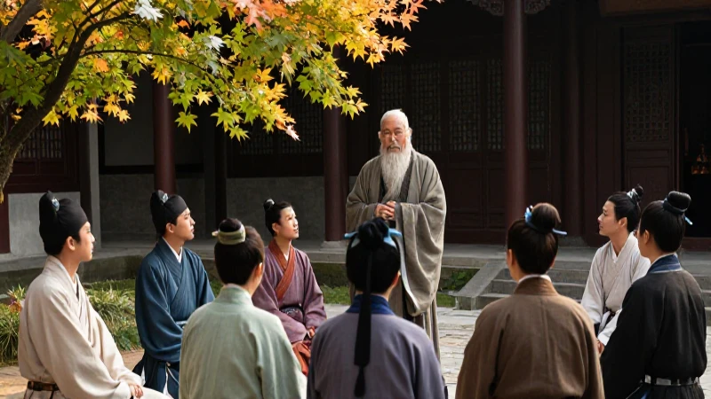 Quién fue Confucio y cuál es su legado en el confucianismo 46 Confucio enseña a jóvenes eruditos en un patio tradicional