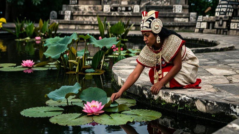 Mujer azteca en jardín acuático antiguo