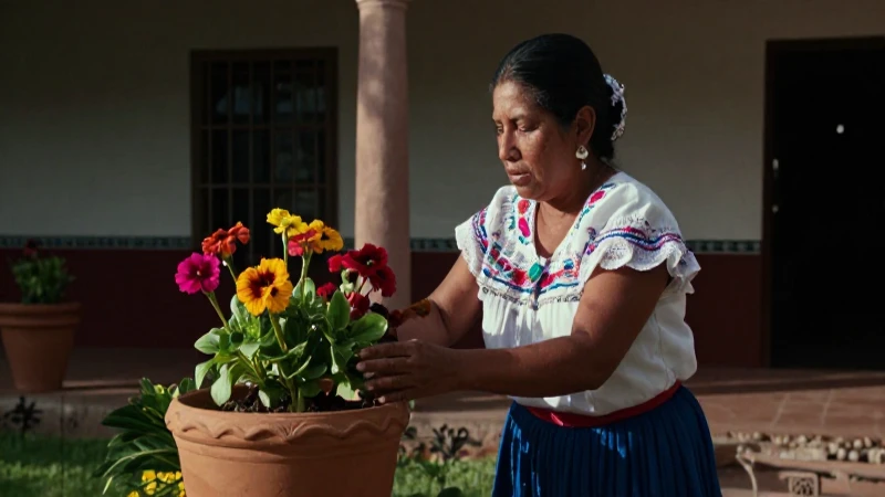 Mujer colonial cuidando flores en patio soleado