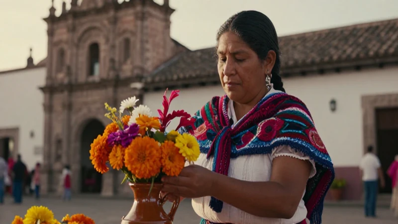 Mujer tradicional mexicana con rebozo en mercado colonial