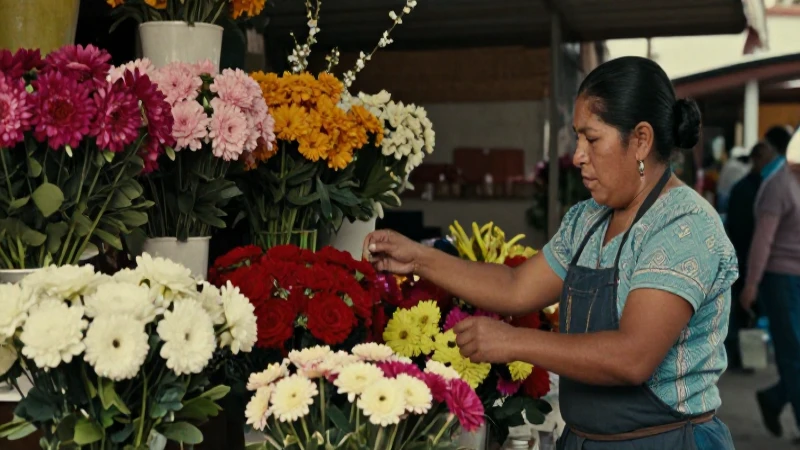 Flores mexicanas vibrantes en mercado histórico