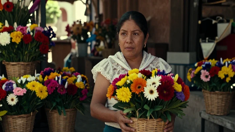 Floricultora mexicana vende flores en un mercado colonial vibrante
