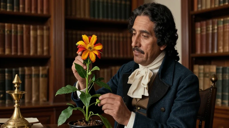 Botánico examina flor en biblioteca colonial