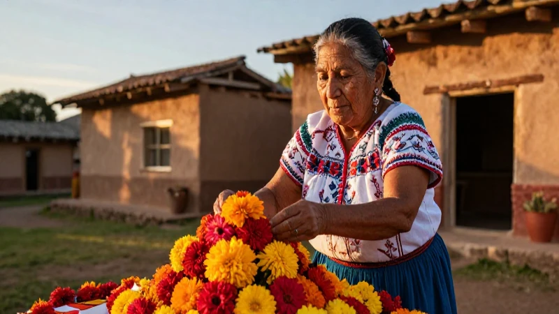 Mujer mexicana decora altar de ofrenda al atardecer