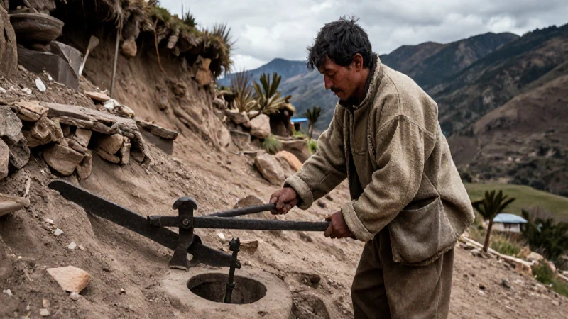 Minero colonial en los Andes con herramientas manual