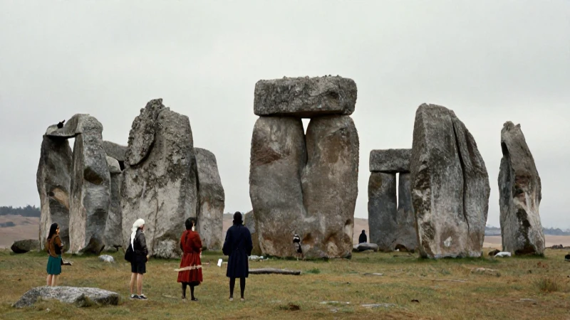 Gigantes: Mitos y realidades de estas criaturas legendarias 7 Observadores pequeños ante un megalito antiguo