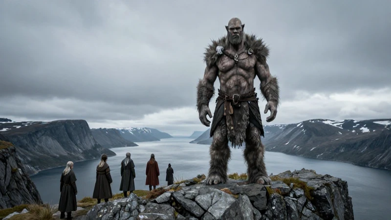 Gigantes: Mitos y realidades de estas criaturas legendarias 3 Gigante y vikingos en dramático fiordo nórdico