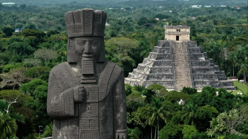 Escultura de gobernante en pirámide jungal
