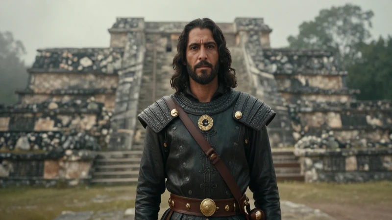 Conquistador español en ruinas de Mesoamérica