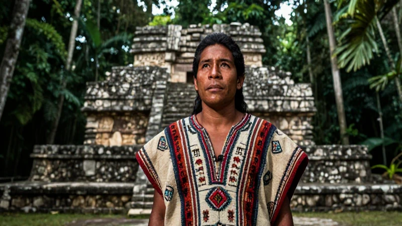 Hombre maya en ruinas con vestimenta tradicional