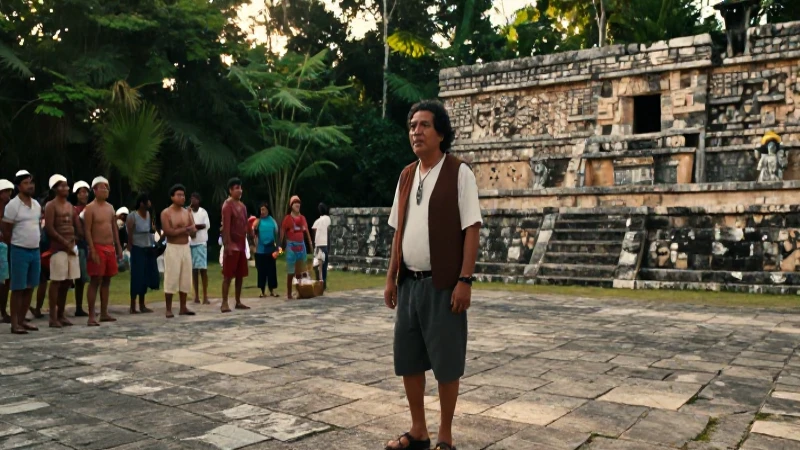 Guerrero interactúa en plaza maya histórica
