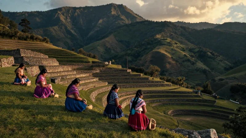Mujeres chiapanecas en terrazas bajo luz dorada