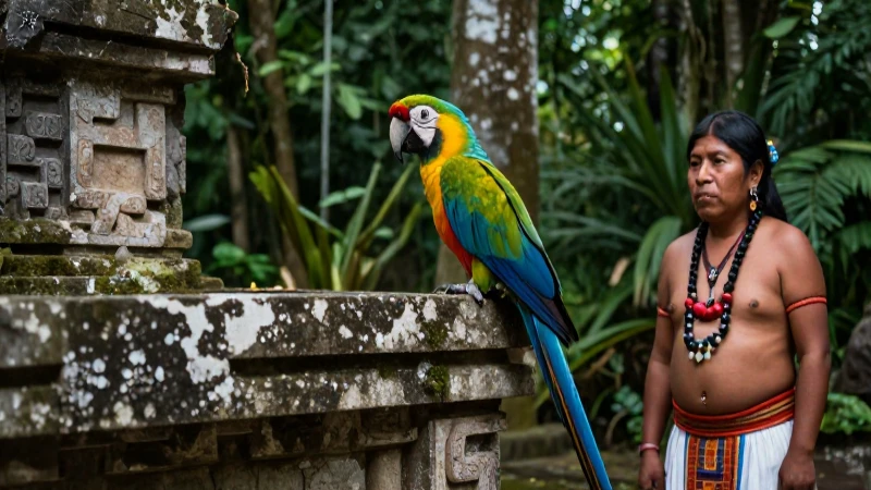 Guacamaya en altar antiguo junto a un chamán en selva