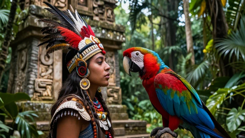 Lema mesoamericano con loros en jungla antigua