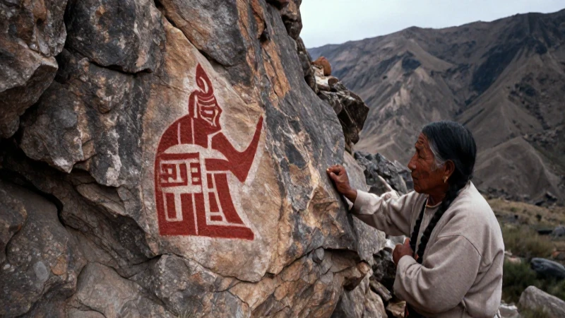 Anciano indígena ante arte ancestral en las montañas