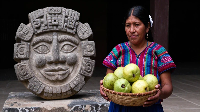 Guayaba en Náhuatl: Descubre su significado y tradición 8 Nahua con guavas en entorno ancestral