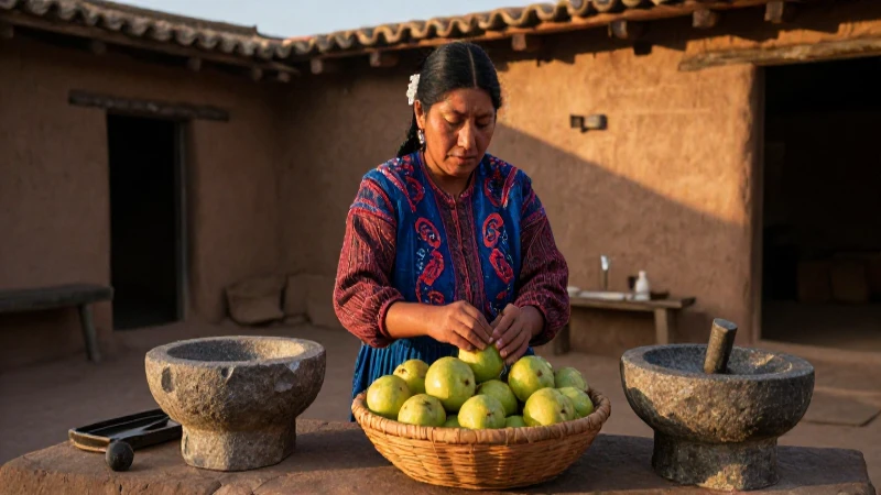 Guayaba en Náhuatl: Descubre su significado y tradición 4 Dama náhuatl prepara guayabas en patio histórico