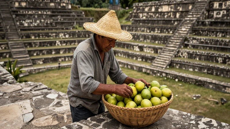 Guayaba en Náhuatl: Descubre su significado y tradición 2 Agricultor azteca cosecha guayabas en terrazas históricas