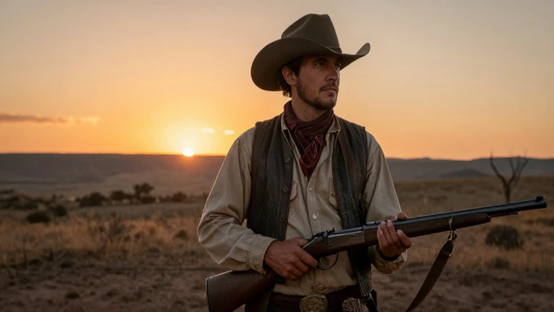 Texano con rifle en atardecer fronterizo dramático