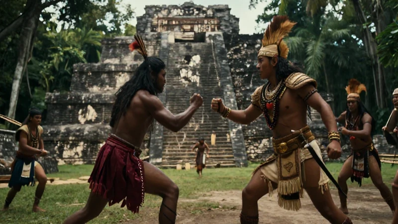Cuáles fueron las estrategias y conflictos en las guerras mayas 15 Guerrero maya lucha ante ruinas de selva