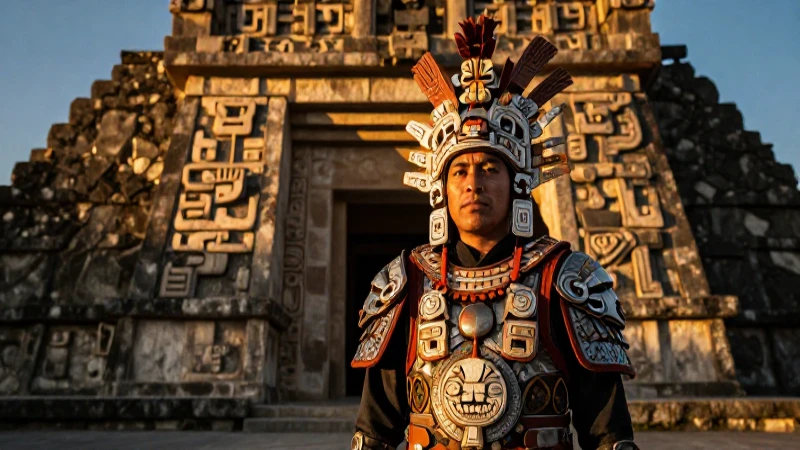 Guerrero en armadura ceremonial bajo luz dorada