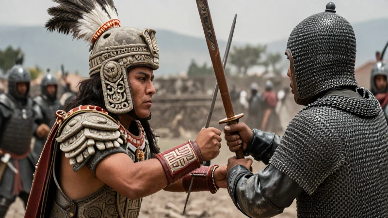 Guerrero azteca contra conquistador en batalla
