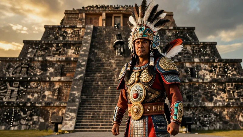 Guerrero Mexica jaguar ante pirámide en Tenochtitlan