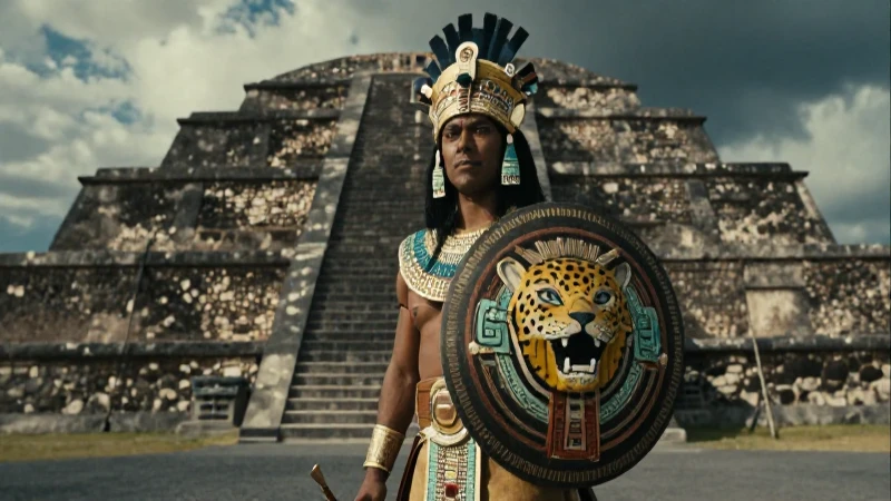Guerre Aztec majestuoso ante las pirámides de Tenochtitlan