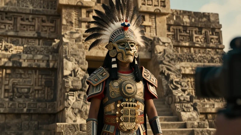 Guerrero jaguar azteca en obsidiana, luz dorada, realismo