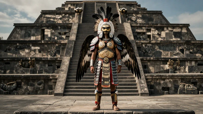 Guerrero azteca imponente en Tenochtitlan