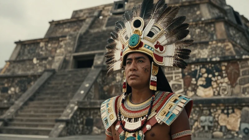 Guerrero azteca en Tenochtitlan bajo luz cinematográfica