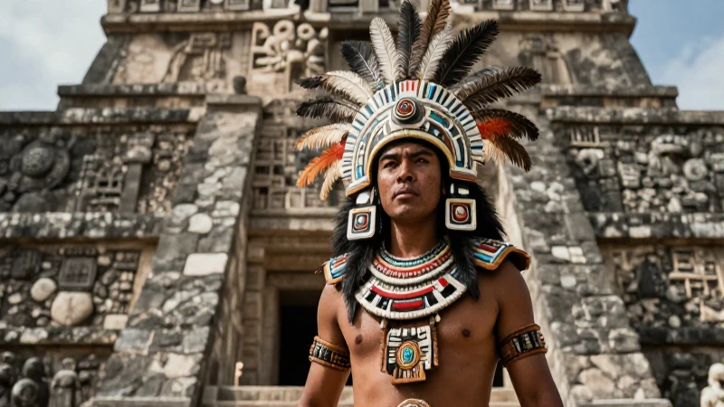 Guerrero azteca imponente frente a Templo