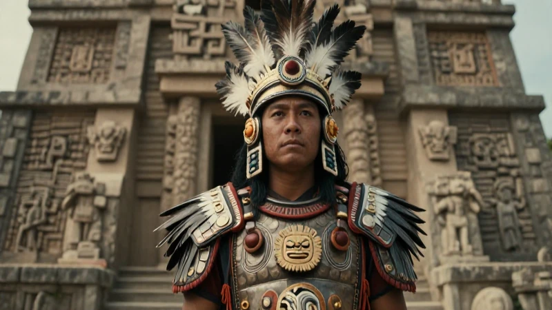 Guerrero azteca en armadura, templos mesoamericanos