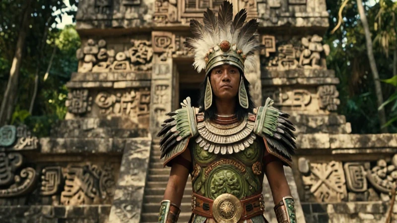 Guerrero azteca en templo antiguo, realismo cinemático