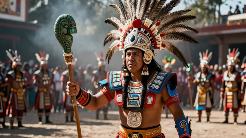 Guerrero mexica imponente en plaza ceremonial